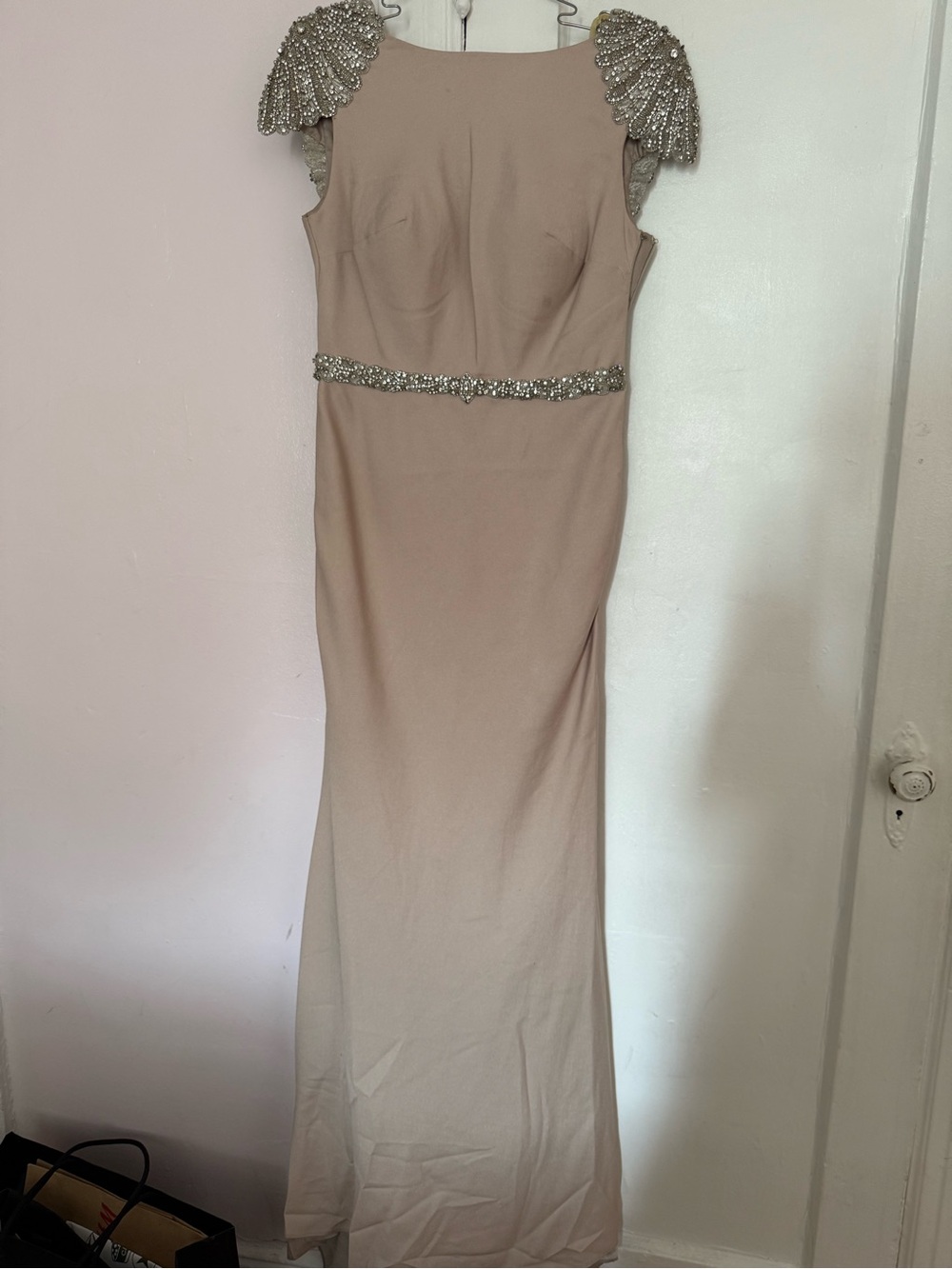 Tarik Ediz Nude Beaded Shoulder Column Gown